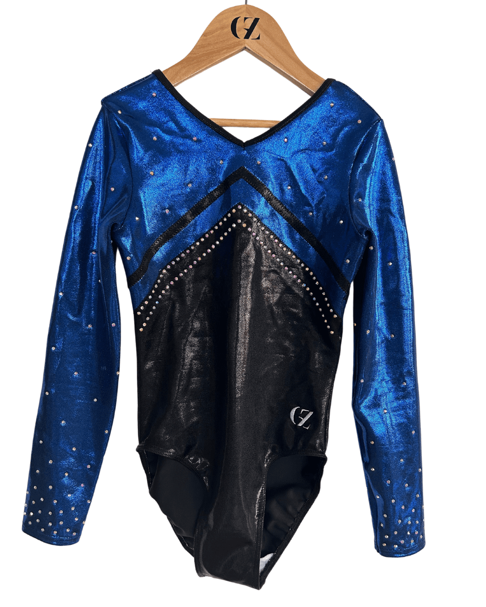 custom leotard, blue leotard, black leotard, shiny leotard, competition leotard, long sleeve leotard