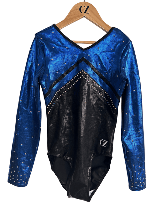 custom leotard, blue leotard, black leotard, shiny leotard, competition leotard, long sleeve leotard