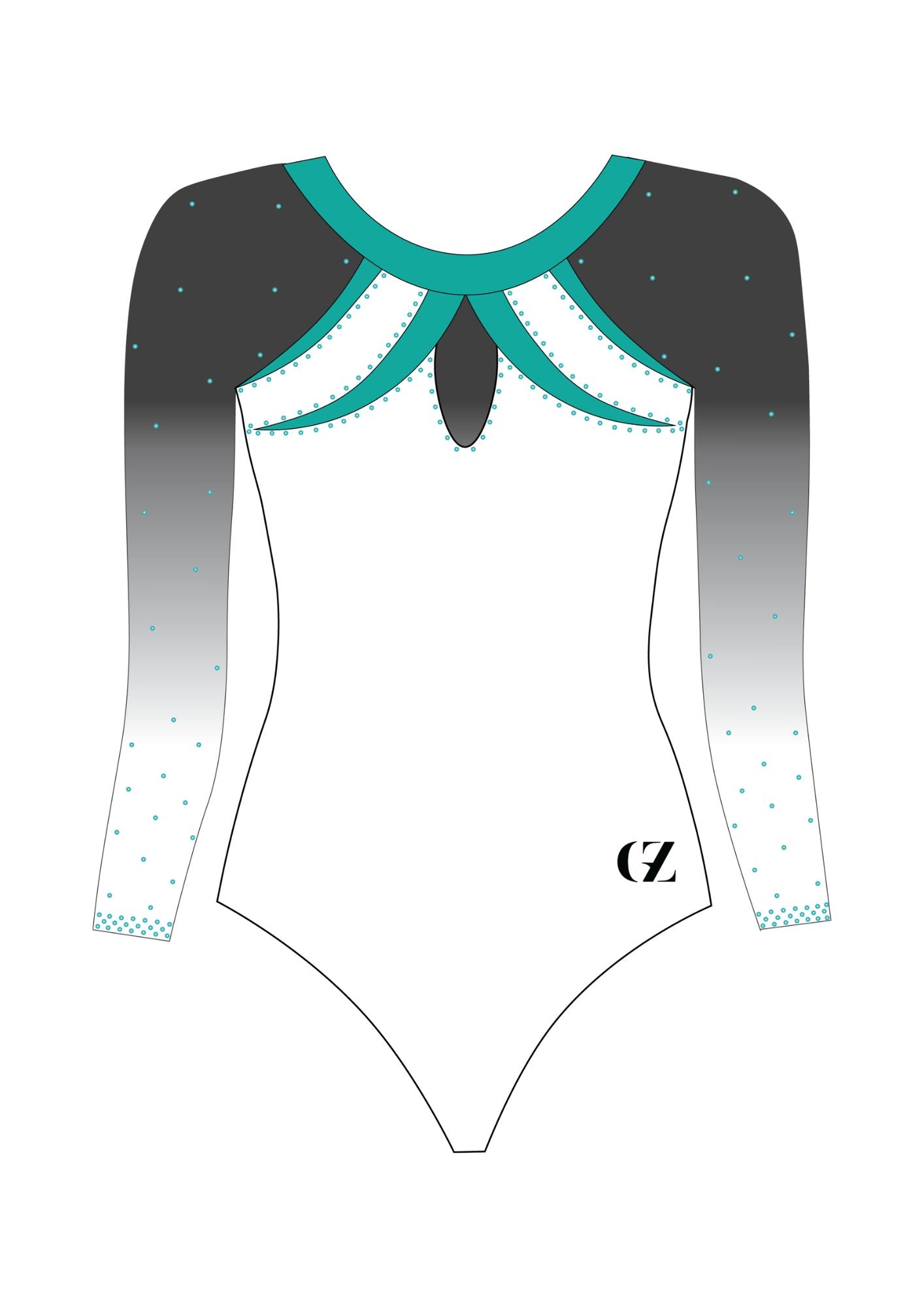 custom leotard, white leotard, blue leotard, speranza, rhinestones, shiny leotard, long sleeve leotard