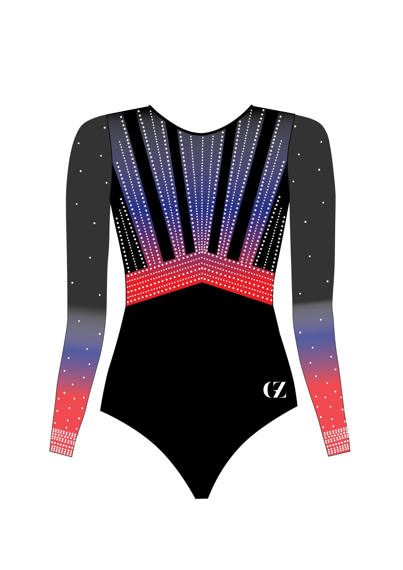 custom leotard, competition leotard, black leotard, blue leotard, long sleeve leotard, rhinestones, shiny leotard