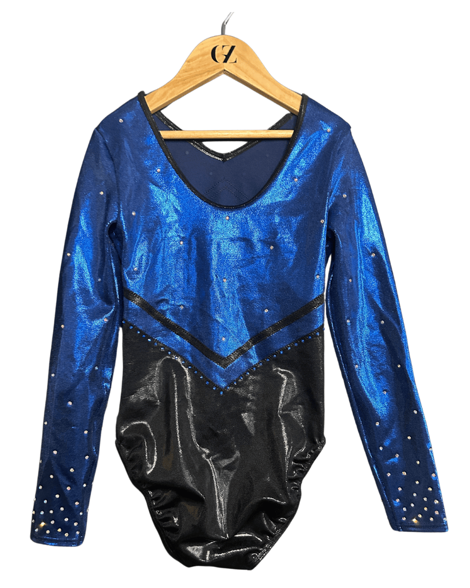 custom leotard, blue leotard, black leotard, shiny leotard, competition leotard, long sleeve leotard