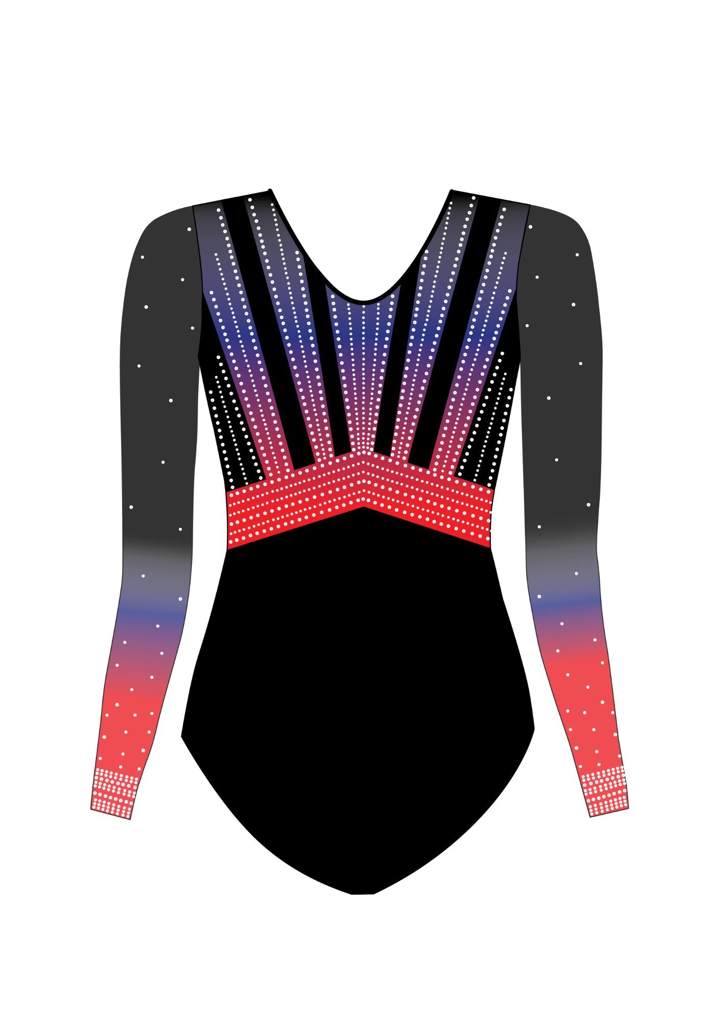 custom leotard, competition leotard, black leotard, blue leotard, long sleeve leotard, rhinestones, shiny leotard