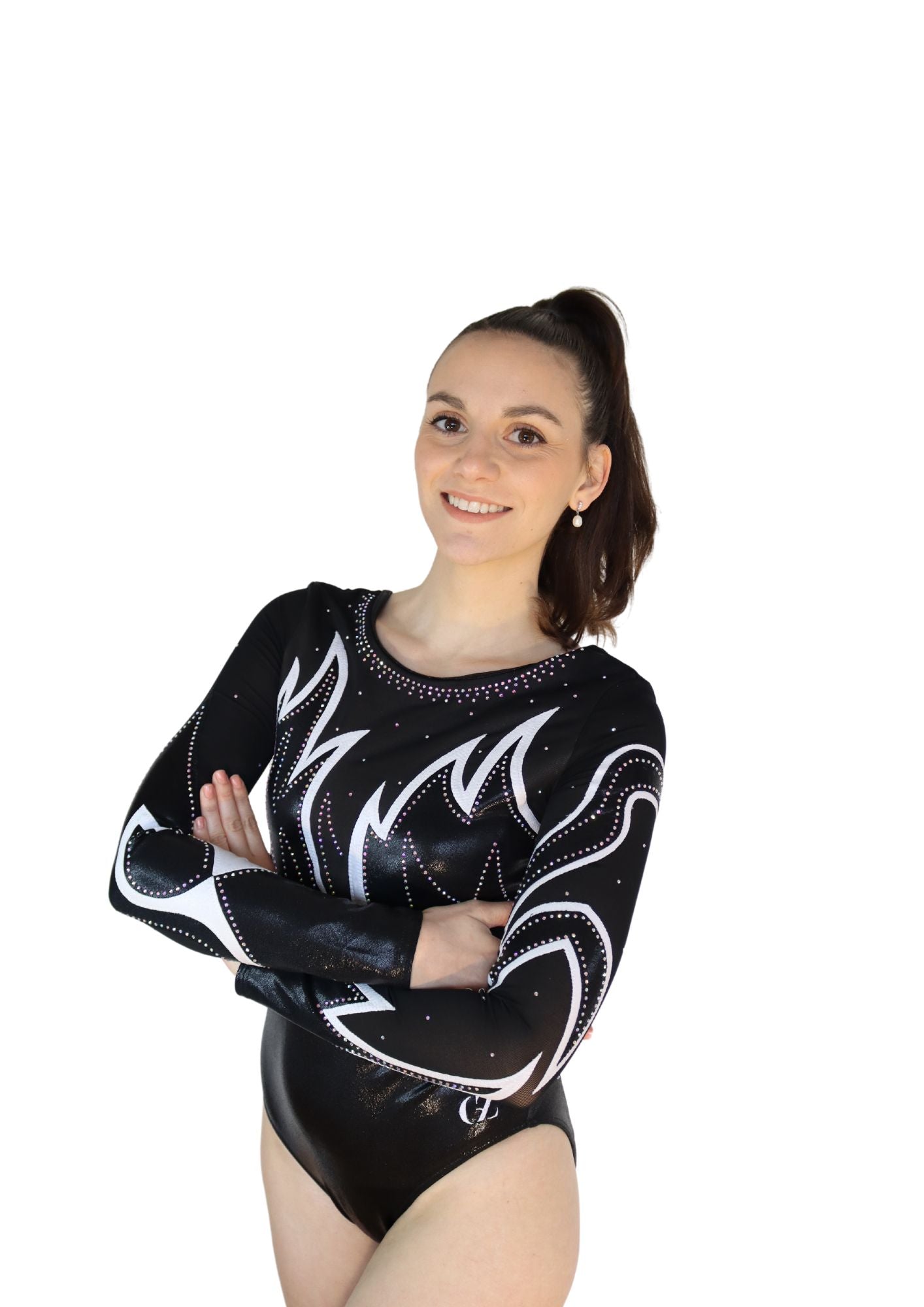custom leotard, black leotard, shiny leotard, competition leotard, long sleeve leotard