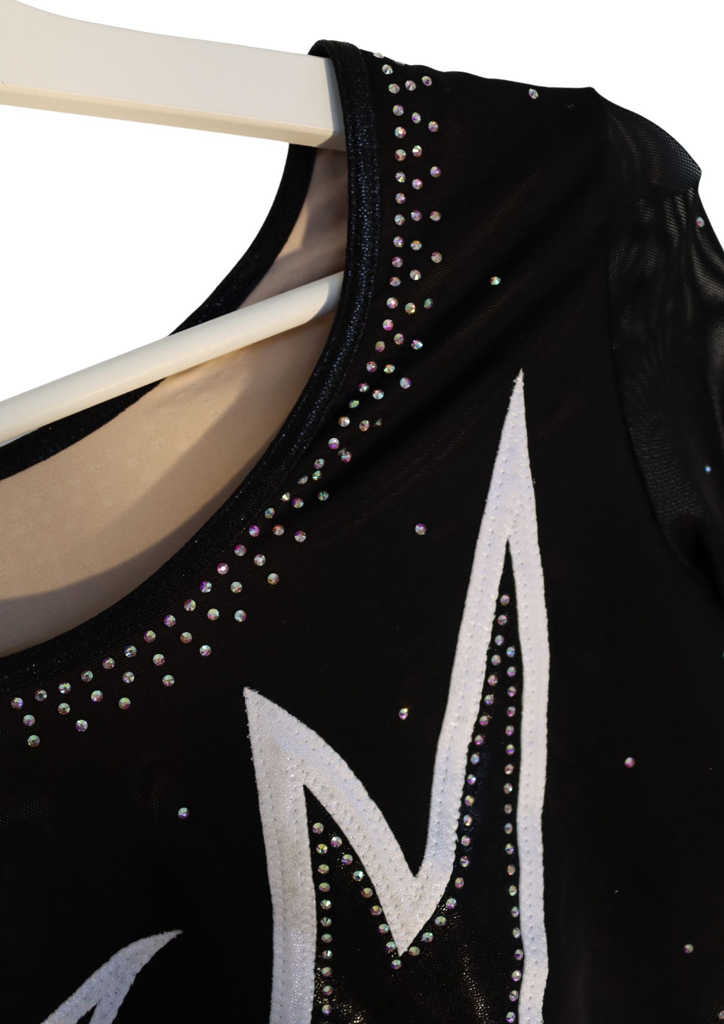 custom leotard, black leotard, shiny leotard, competition leotard, long sleeve leotard