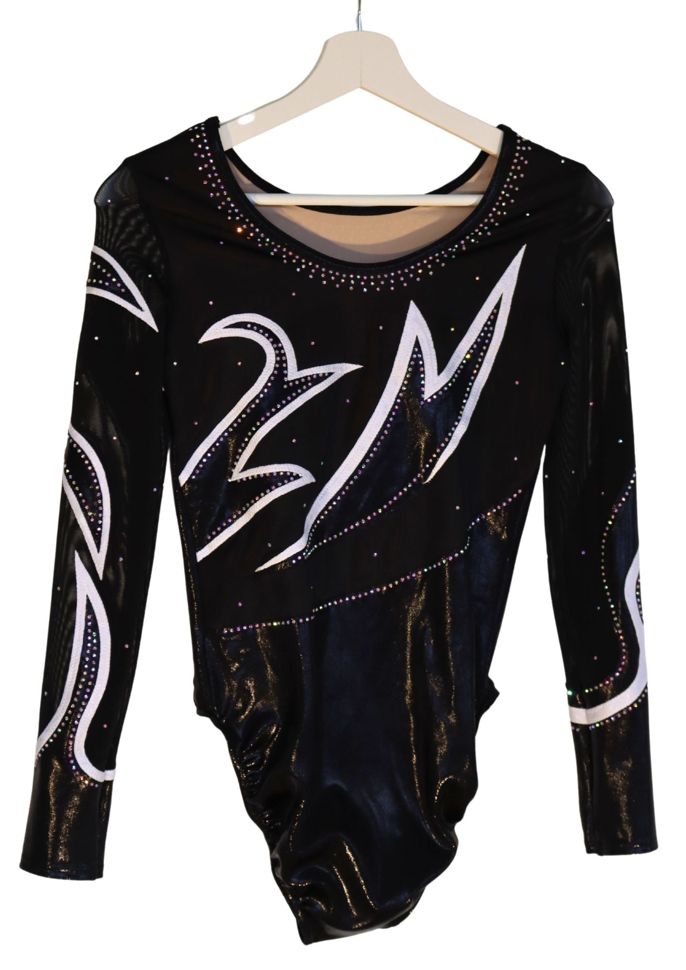 custom leotard, black leotard, shiny leotard, competition leotard, long sleeve leotard