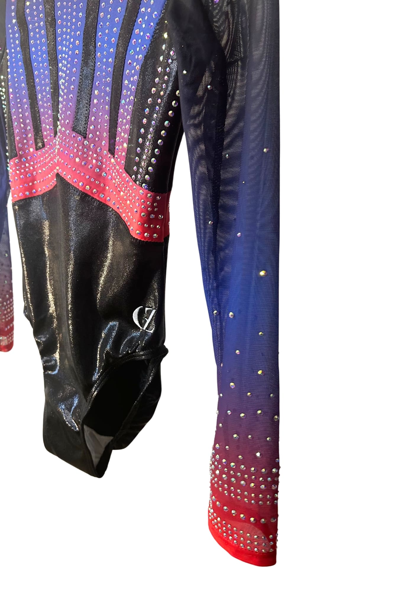 custom leotard, competition leotard, black leotard, blue leotard, long sleeve leotard, rhinestones, shiny leotard