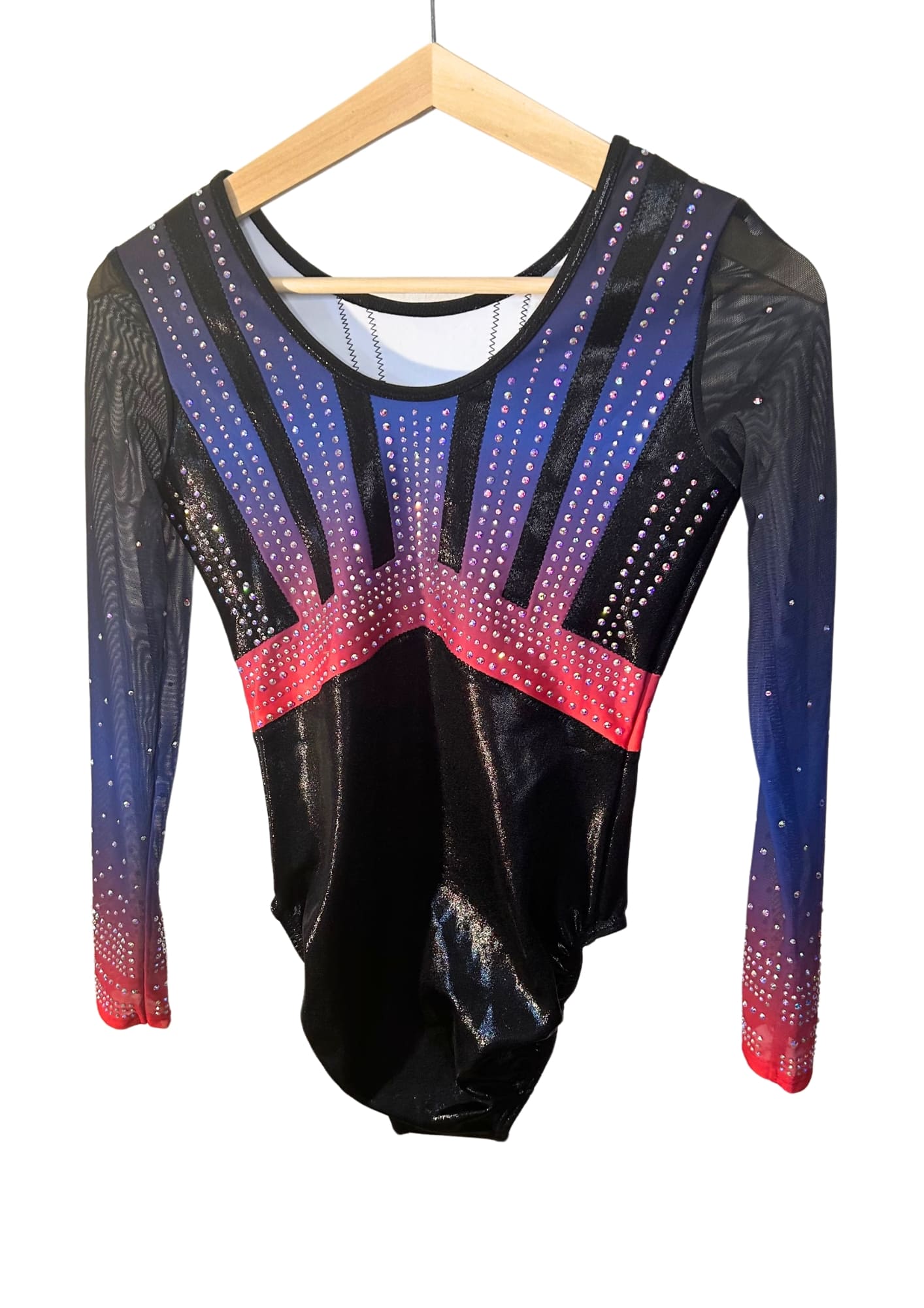 custom leotard, competition leotard, black leotard, blue leotard, long sleeve leotard, rhinestones, shiny leotard