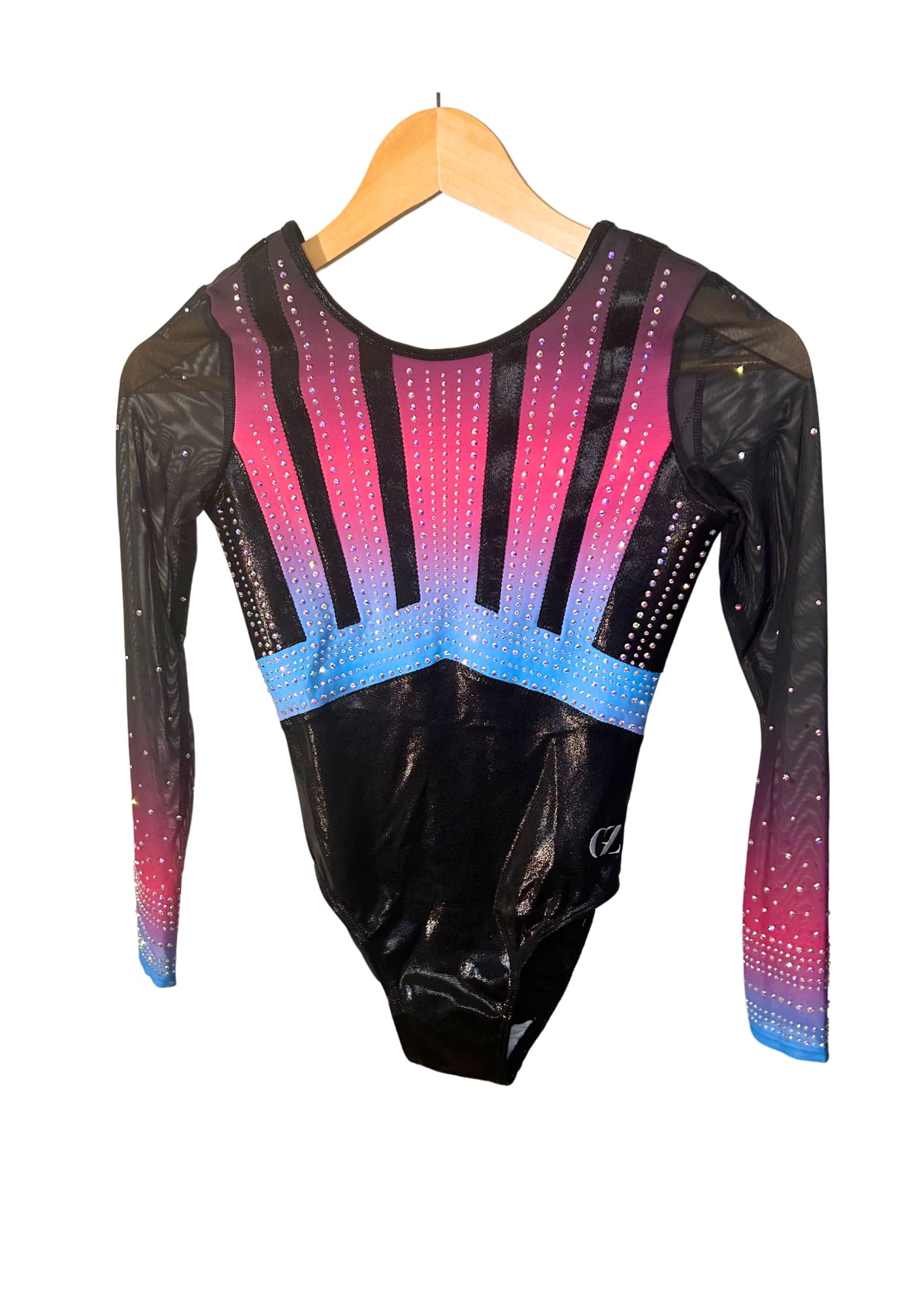 custom leotard, competition leotard, black leotard, pink leotard, long sleeve leotard, rhinestones, shiny leotard