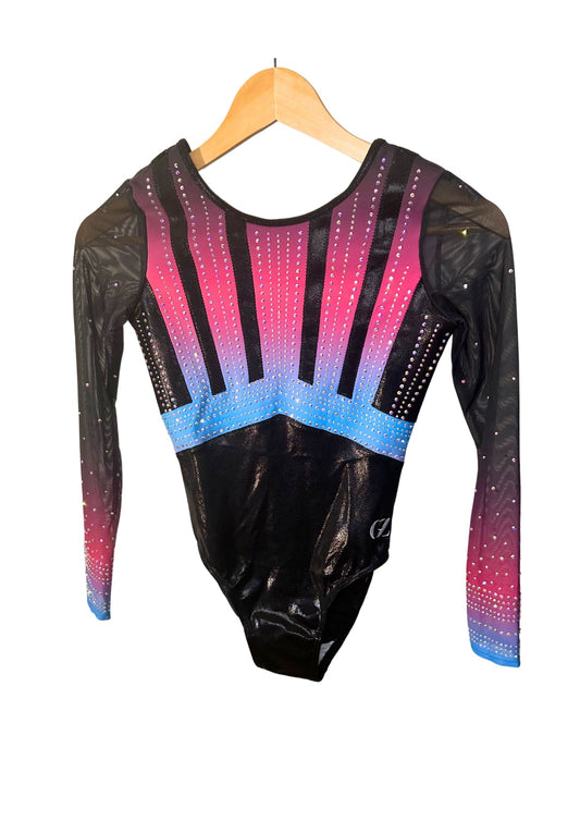 custom leotard, competition leotard, black leotard, pink leotard, long sleeve leotard, rhinestones, shiny leotard
