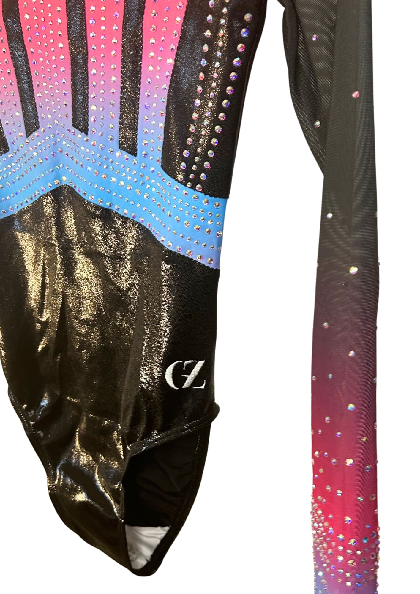 custom leotard, competition leotard, black leotard, pink leotard, long sleeve leotard, rhinestones, shiny leotard