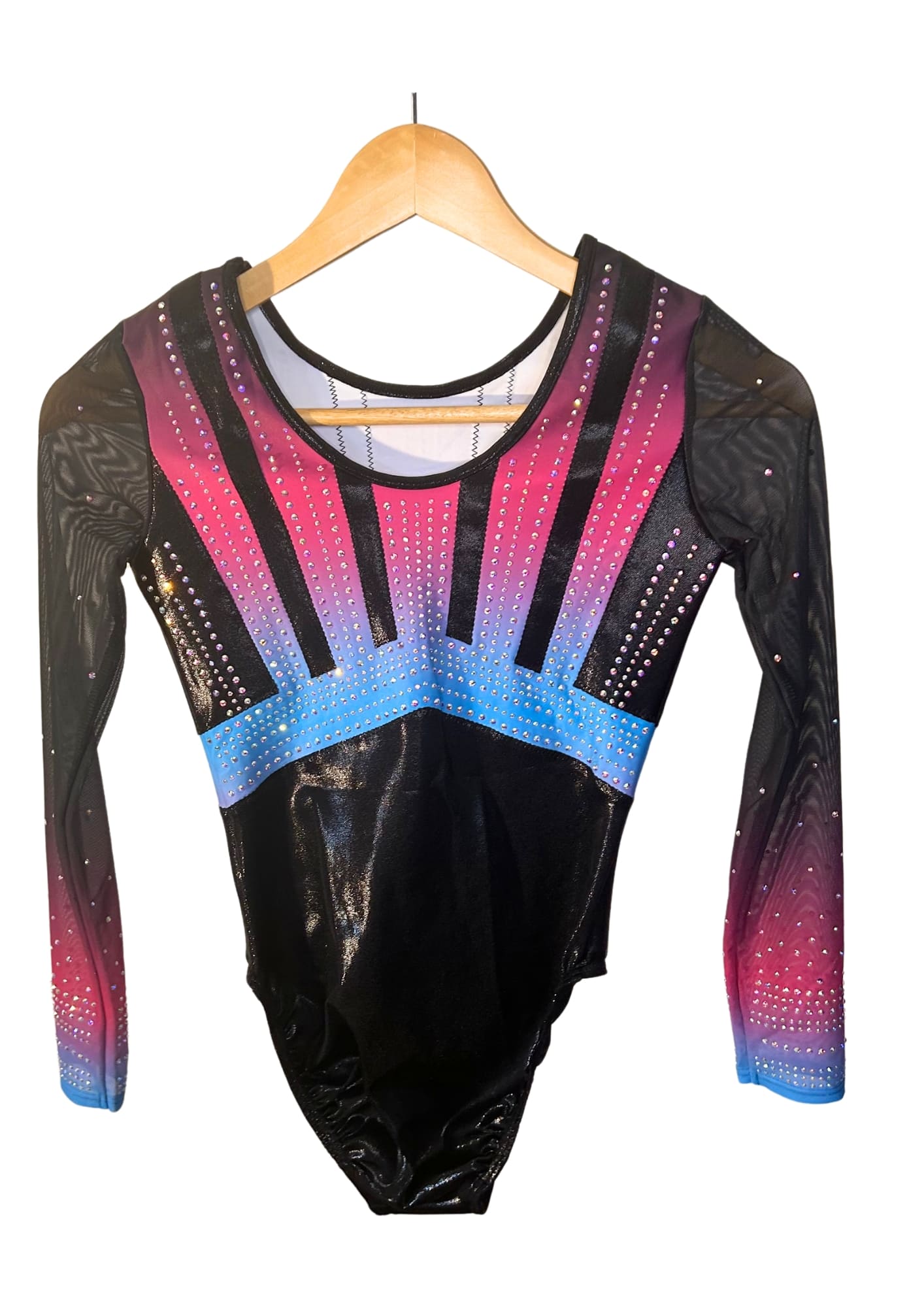 custom leotard, competition leotard, black leotard, pink leotard, long sleeve leotard, rhinestones, shiny leotard