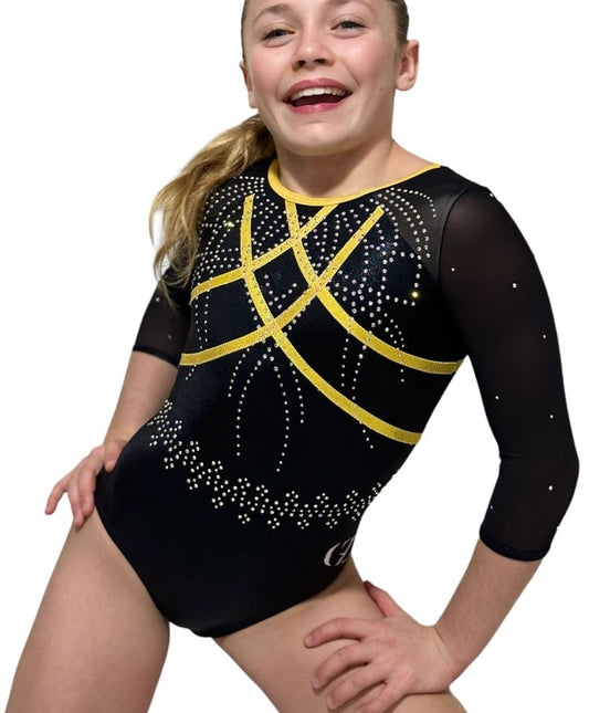 custom leotard, black leotard, yellow leotard, long sleeve leotard, shiny leotard