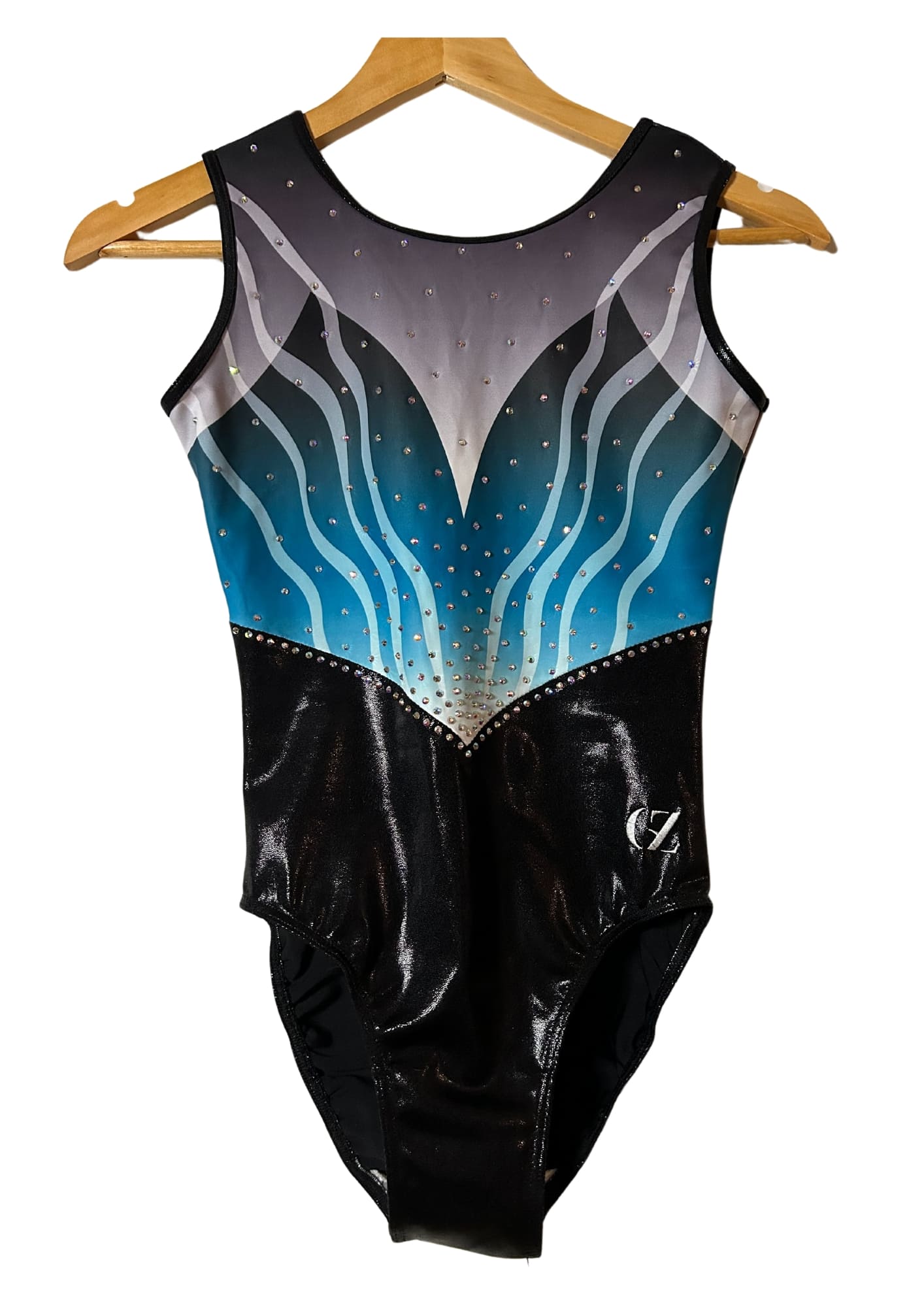 competition leotard, custom leotard, blue leotard, black leotard, sleeveless leotard, shiny leotard