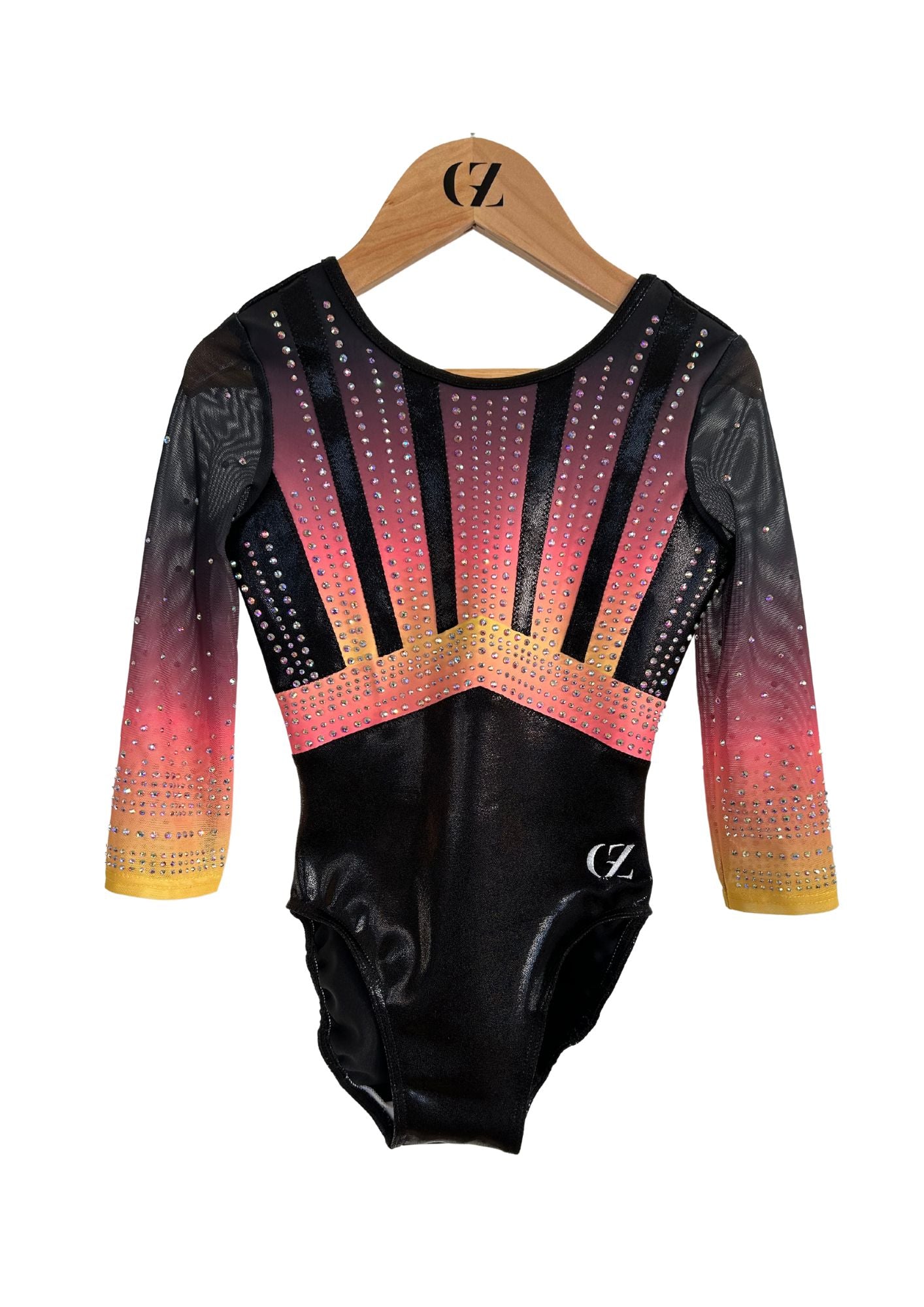 custom leotard, competition leotard, black leotard, pink leotard, long sleeve leotard, rhinestones, shiny leotard