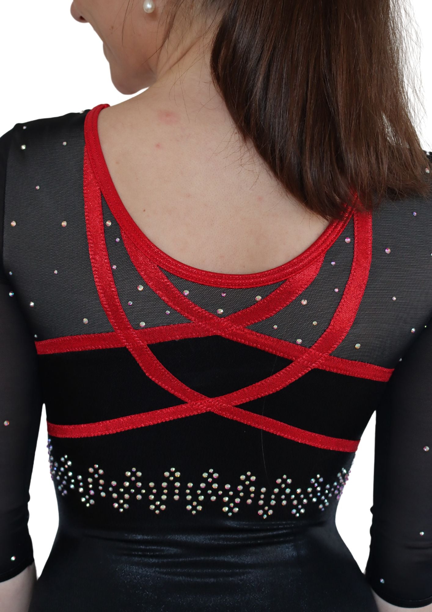 custom leotard, black leotard, red leotard, long sleeve leotard, shiny leotard