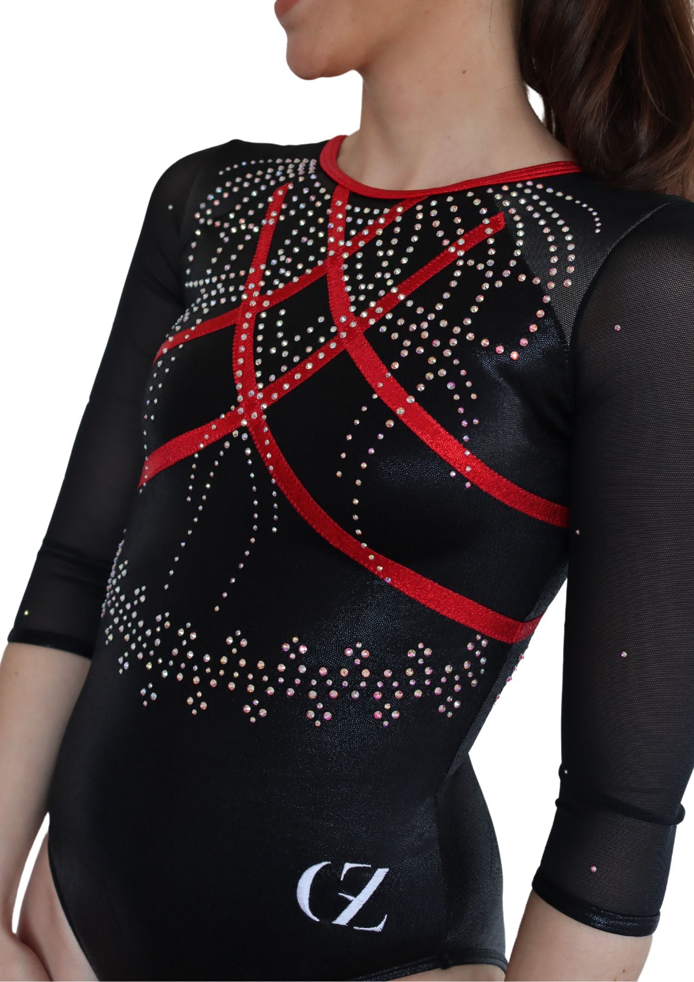 custom leotard, black leotard, red leotard, long sleeve leotard, shiny leotard