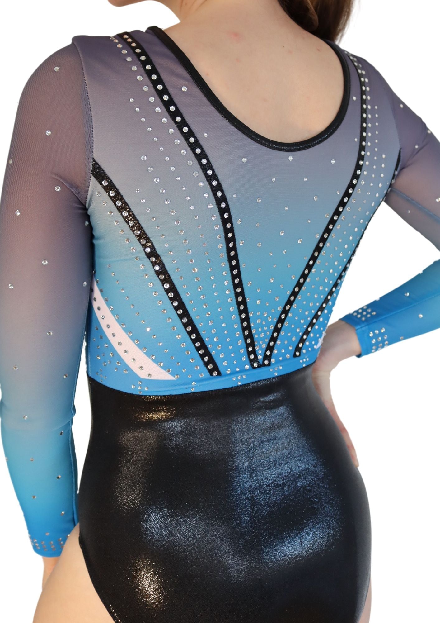 competition leotard, blue leotard, tumbling, long sleeve leotard, rhinestones, shiny leotard