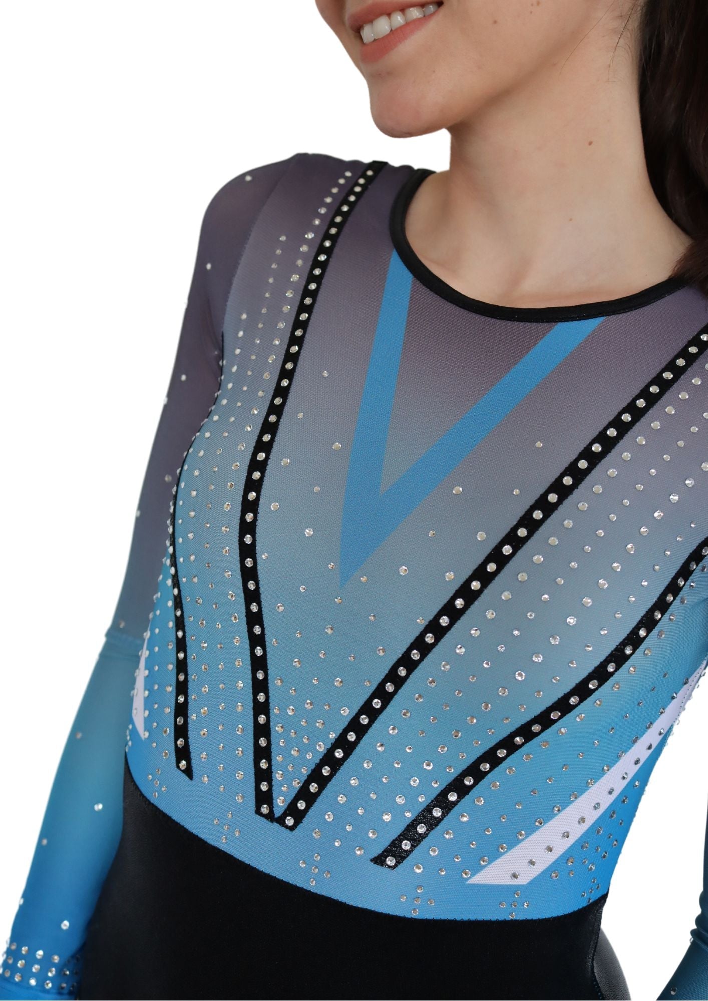 competition leotard, blue leotard, tumbling, long sleeve leotard, rhinestones, shiny leotard