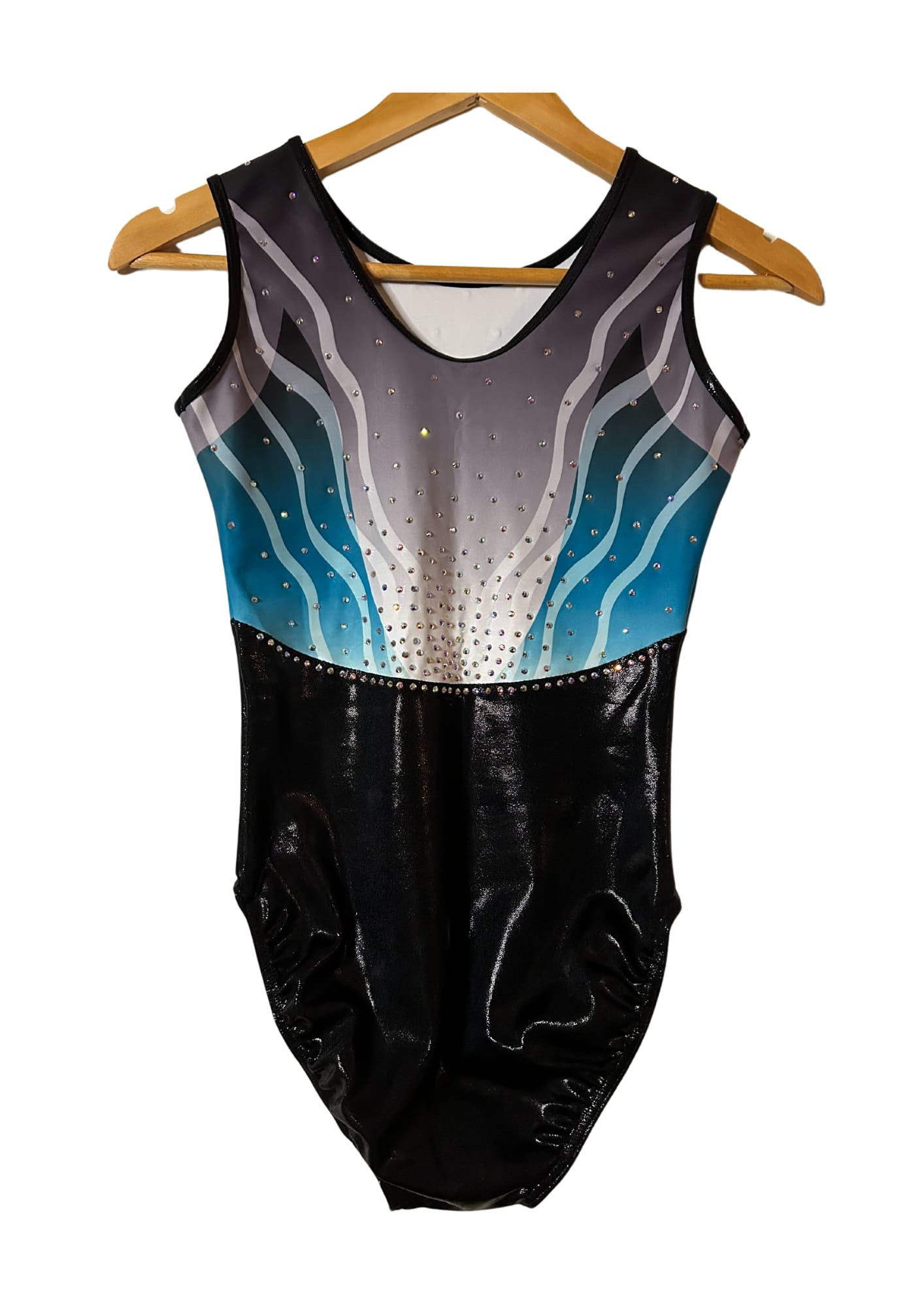competition leotard, custom leotard, blue leotard, black leotard, sleeveless leotard, shiny leotard