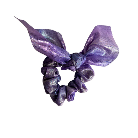 gymnastics scrunchie, purple scrunchie, bunny scrunchie, shiny scrunchie