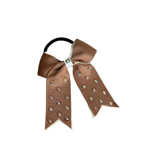 gymnastics bows, brown bows, shiny bows, rhinestones