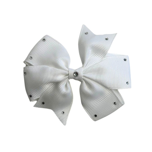 gymnastics bows, white bows, shiny bows, rhinestones