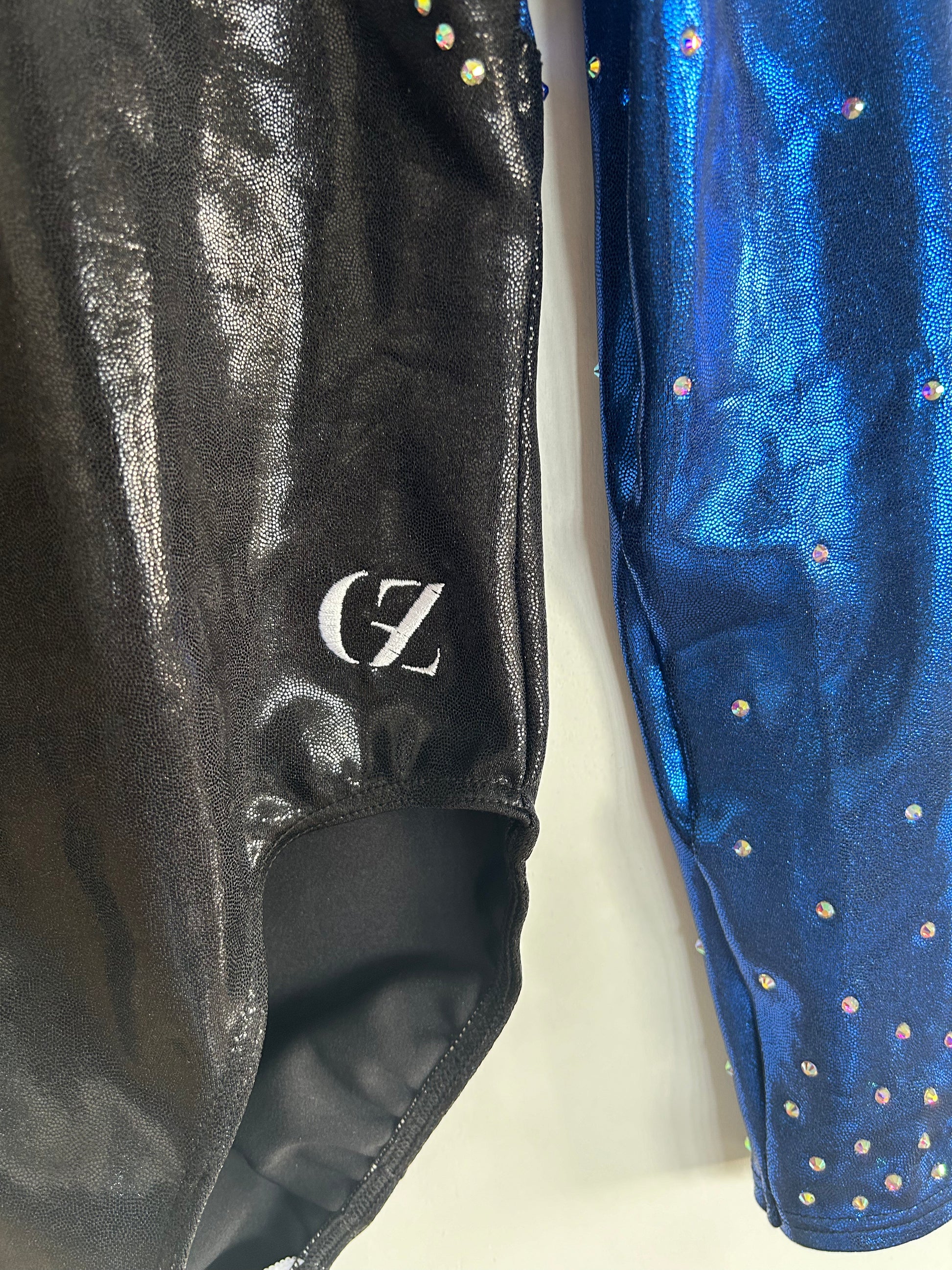 custom leotard, blue leotard, black leotard, shiny leotard, competition leotard, long sleeve leotard