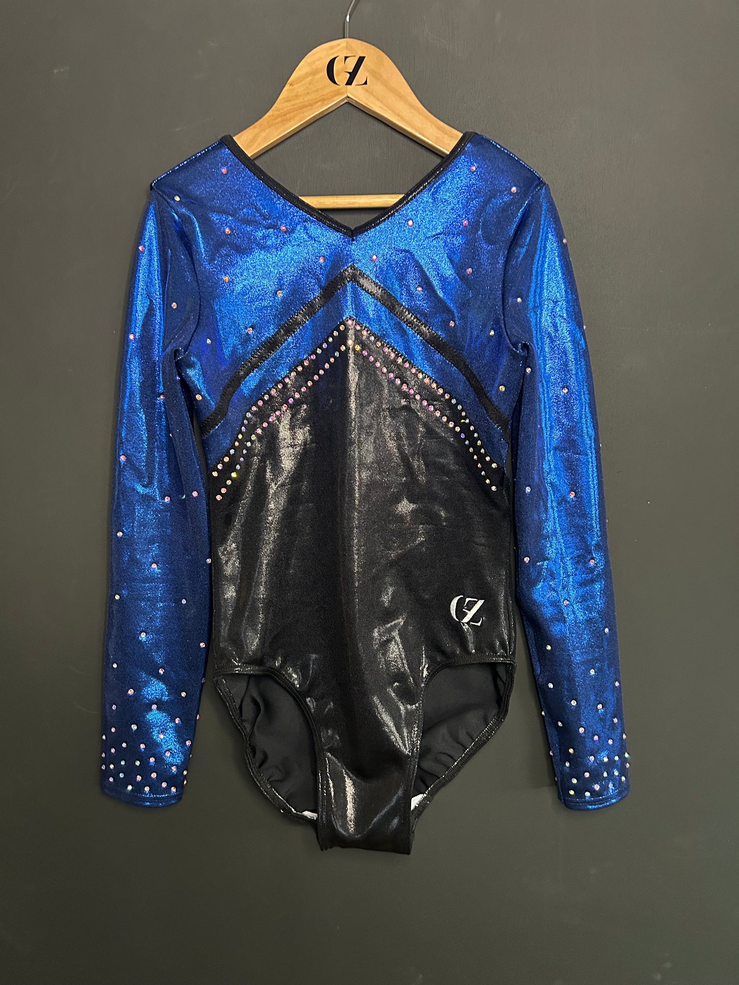 custom leotard, blue leotard, black leotard, shiny leotard, competition leotard, long sleeve leotard