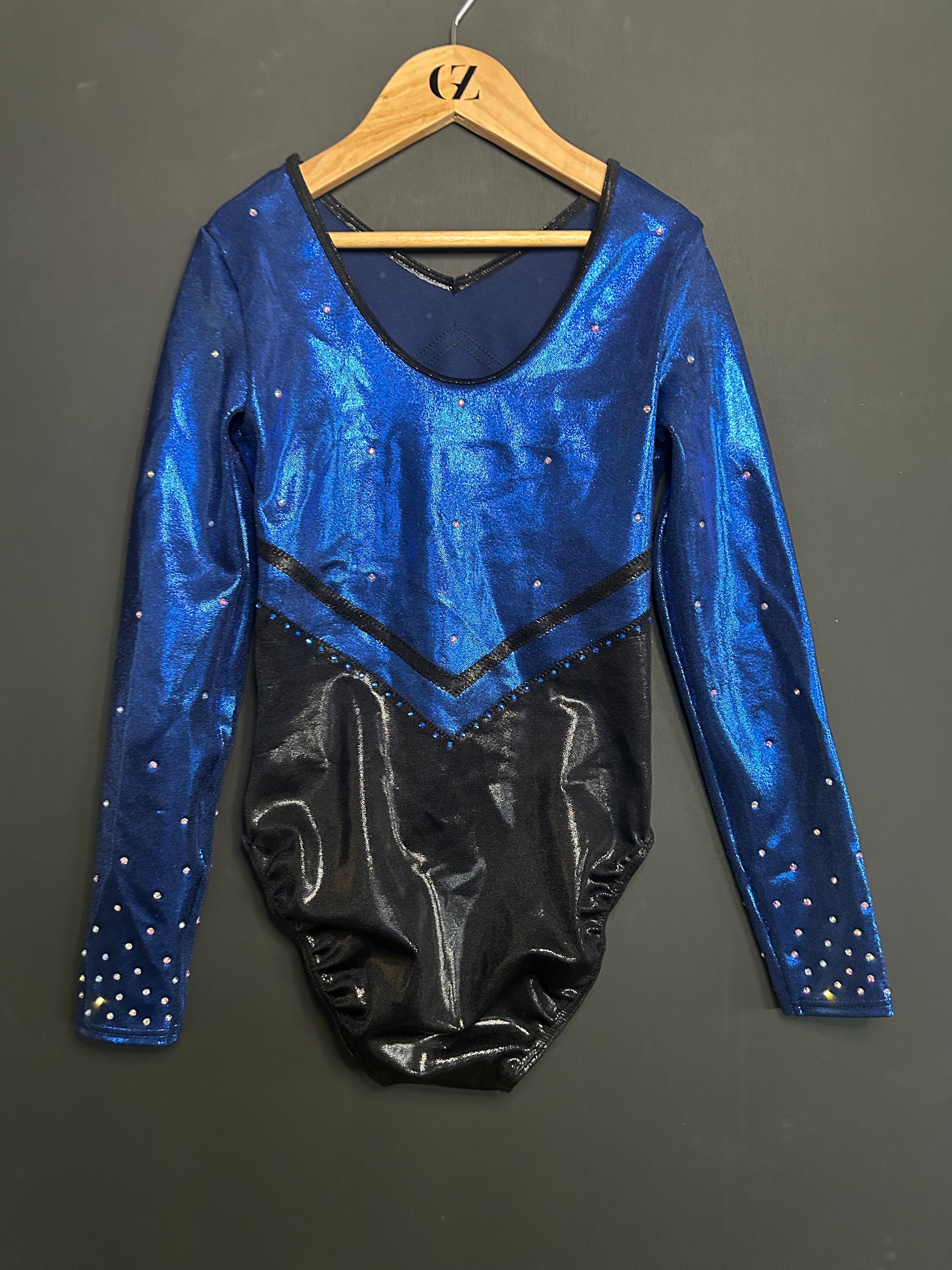 custom leotard, blue leotard, black leotard, shiny leotard, competition leotard, long sleeve leotard