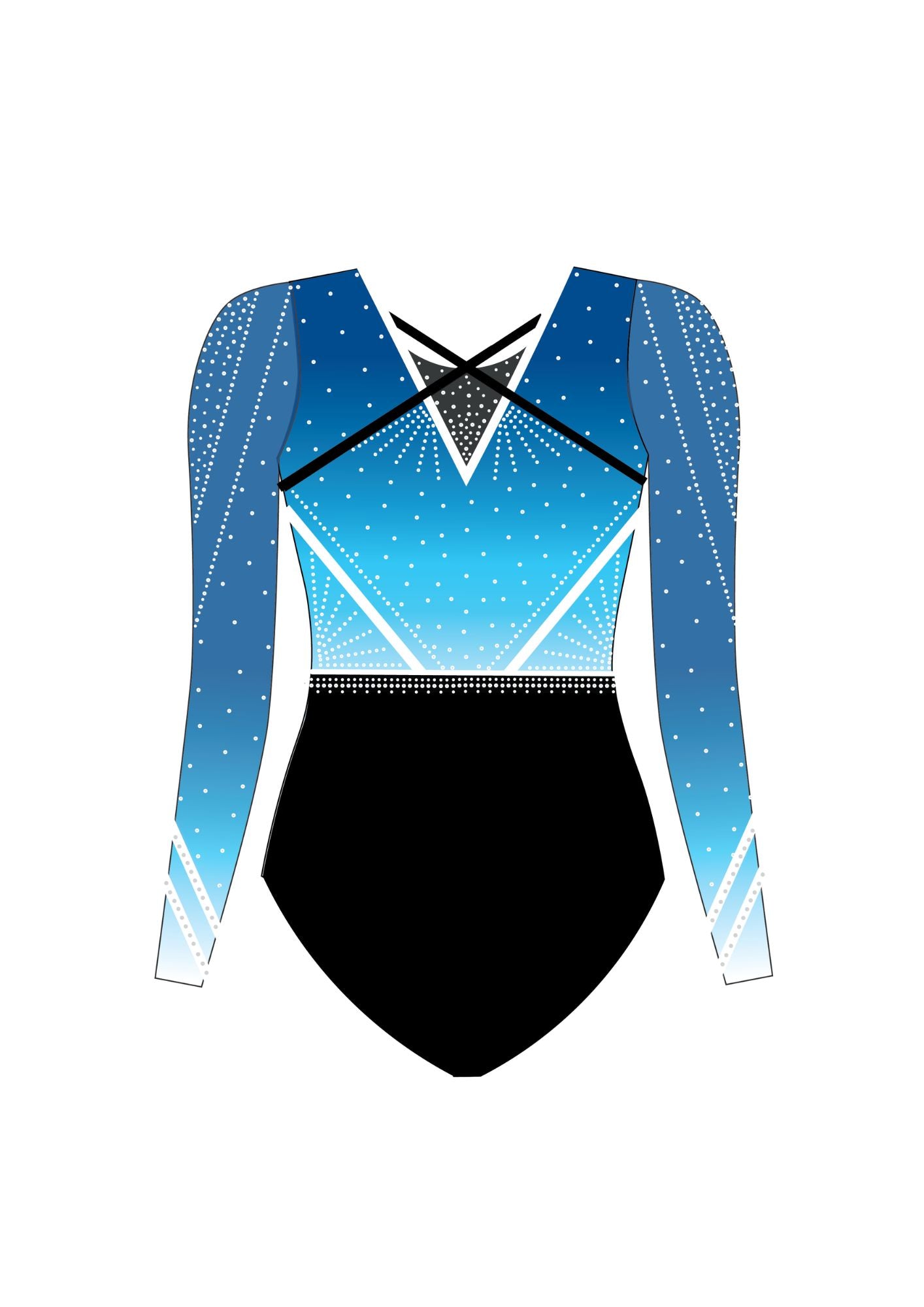 Blue and black gymnastics leotard with long sleeves on a white background
