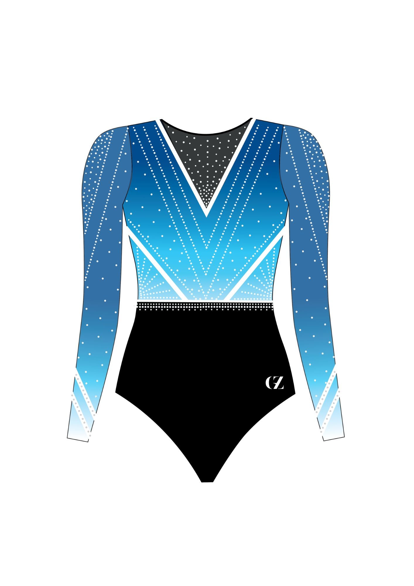 Gymnastics leotard with blue and black design on a white background
