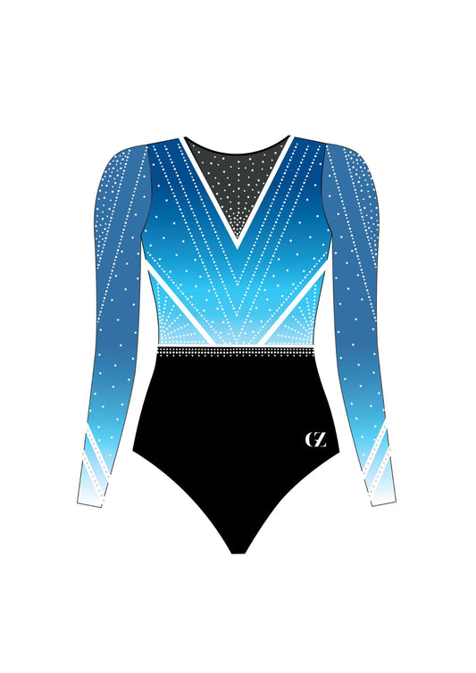 Gymnastics leotard with blue and black design on a white background