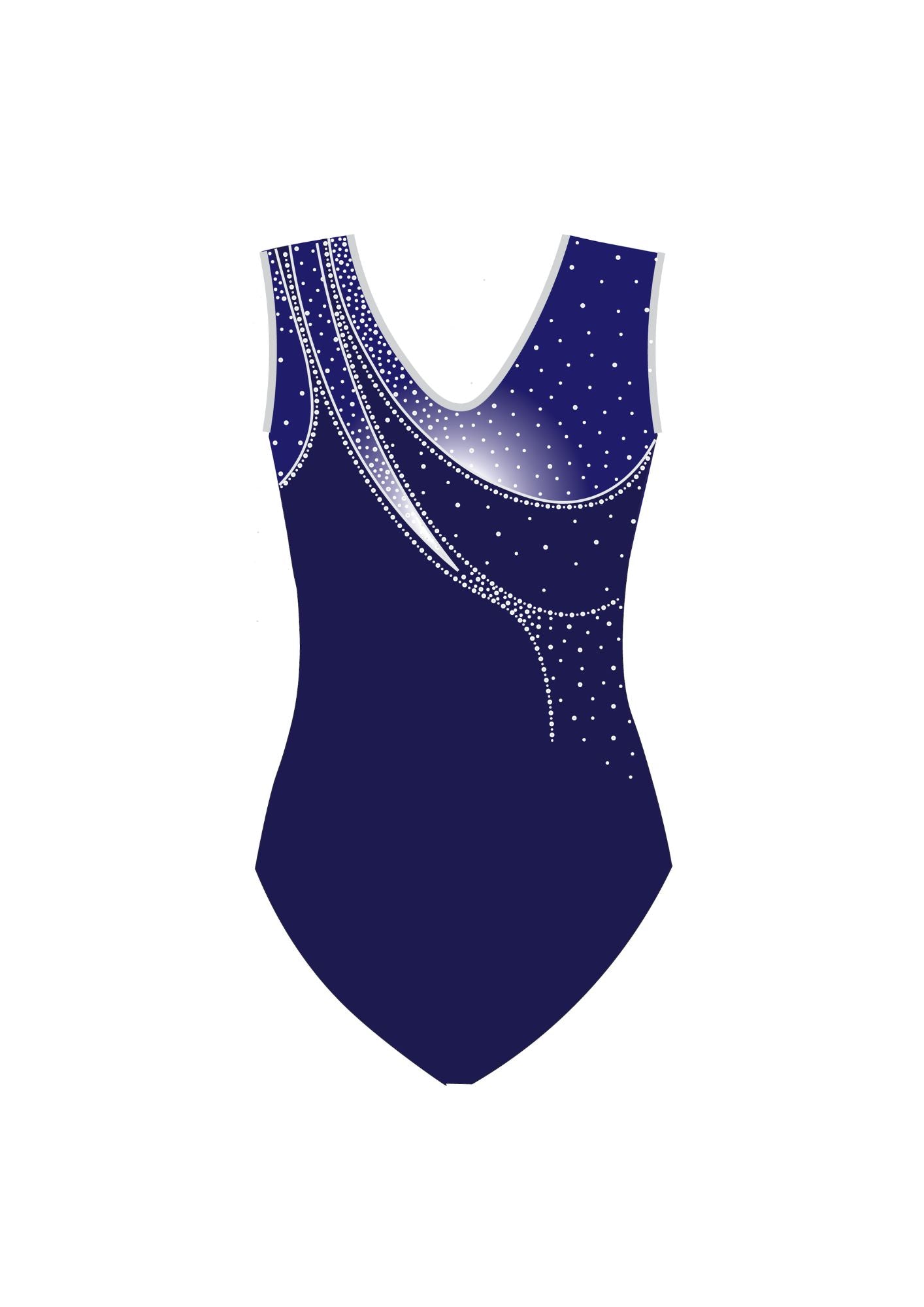 Milia short sleeve navy gymnastics leotard with elegant asymmetric Rhinestones design – back view. Perfect for gymnastics meets and competitions. Comfortable and cheap.