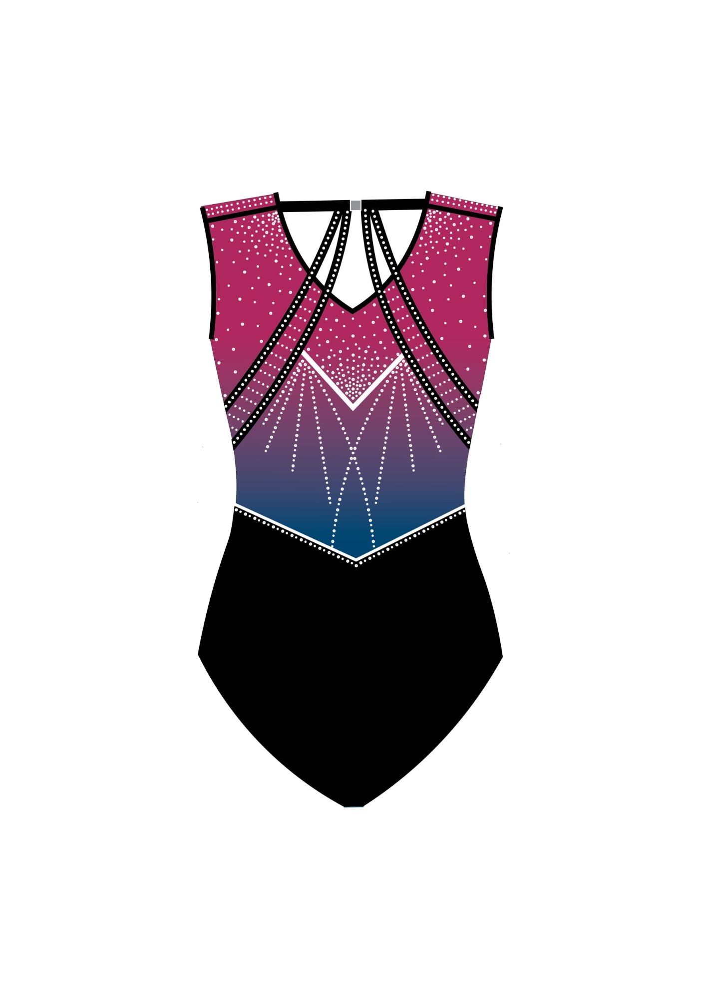 Back view of a GYMZANA gymnastics leotard in magenta to navy gradient with rhinestones and black base