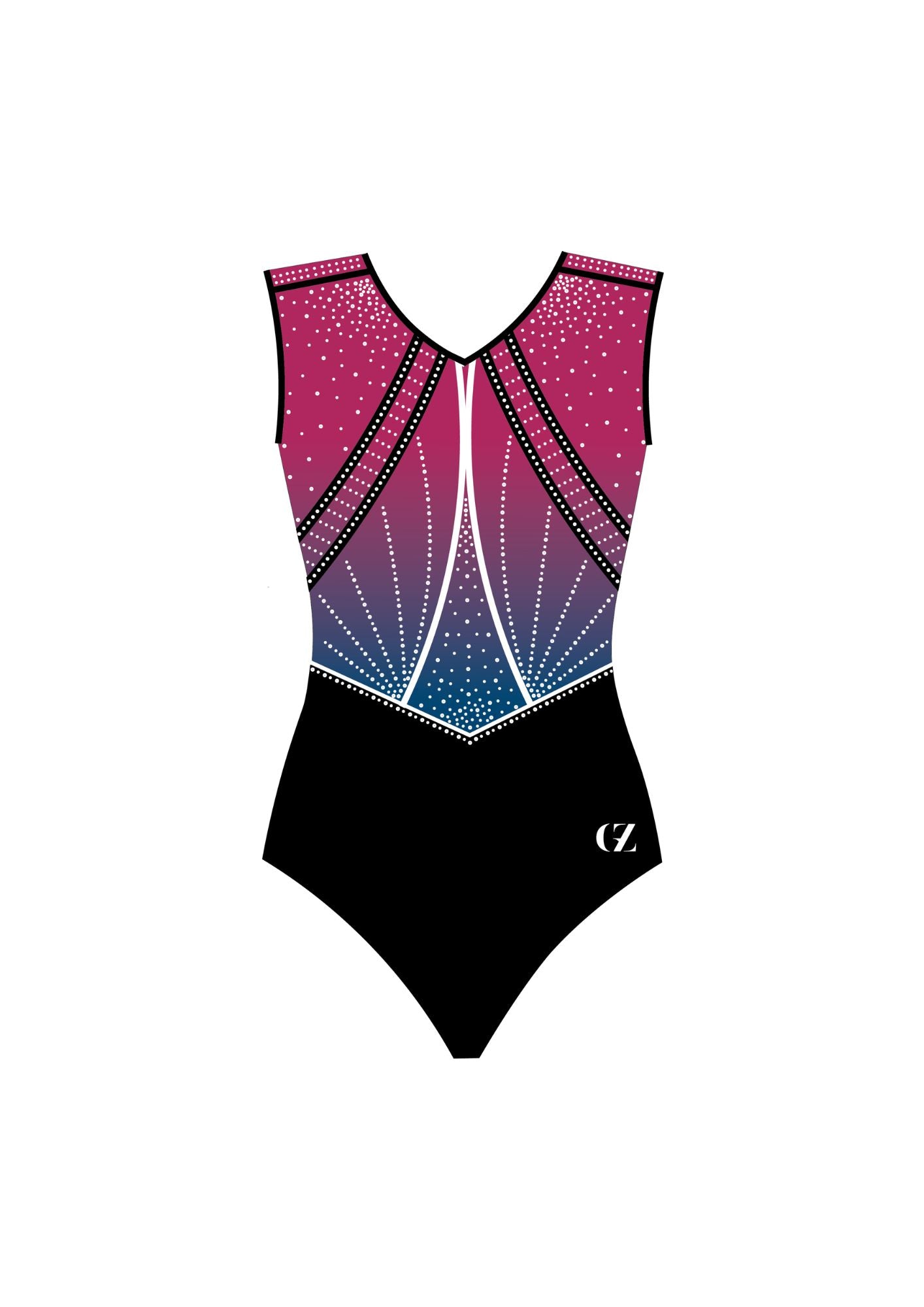 Gymnastics leotard with pink and black design on a white background perfect for gymnasts looking for strong shine.