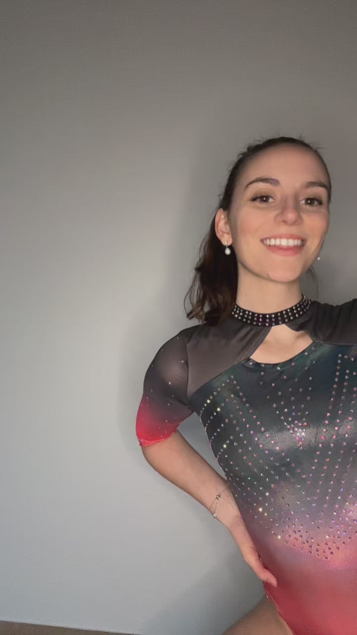 custom leotard, red leotard, white leotard, long sleeve leotard, rhinestones