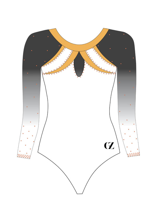 custom leotard, white leotard, yellow leotard, speranza, rhinestones, shiny leotard, long sleeve leotard