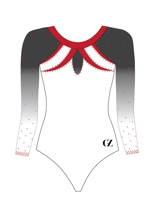 custom leotard, white leotard, red leotard, speranza, rhinestones, shiny leotard, long sleeve leotard