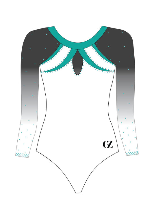 custom leotard, white leotard, blue leotard, speranza, rhinestones, shiny leotard, long sleeve leotard