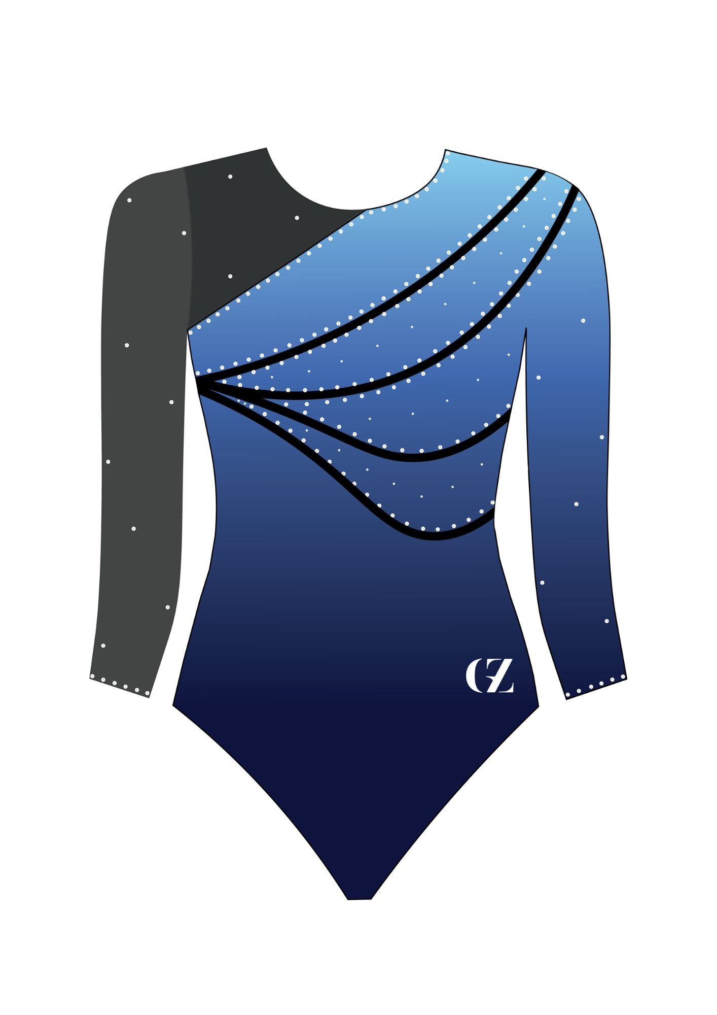 custom leotard, blue leotard, nina, rhinestones, shiny leotard, long sleeve leotard