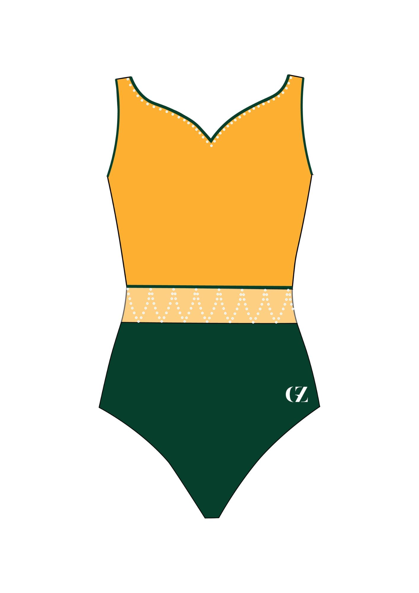 custom leotard, green leotard, yellow leotard, sleeveless leotard, rhinestones