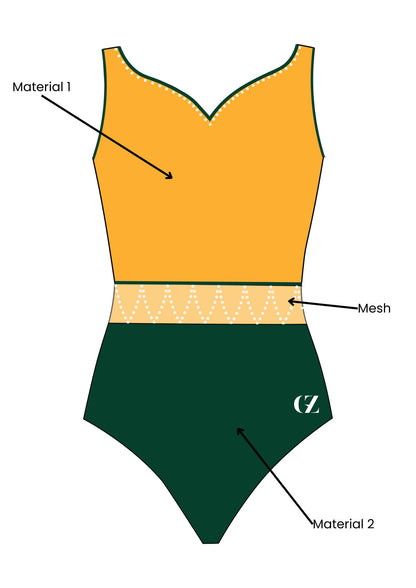 custom leotard, green leotard, yellow leotard, sleeveless leotard, rhinestones