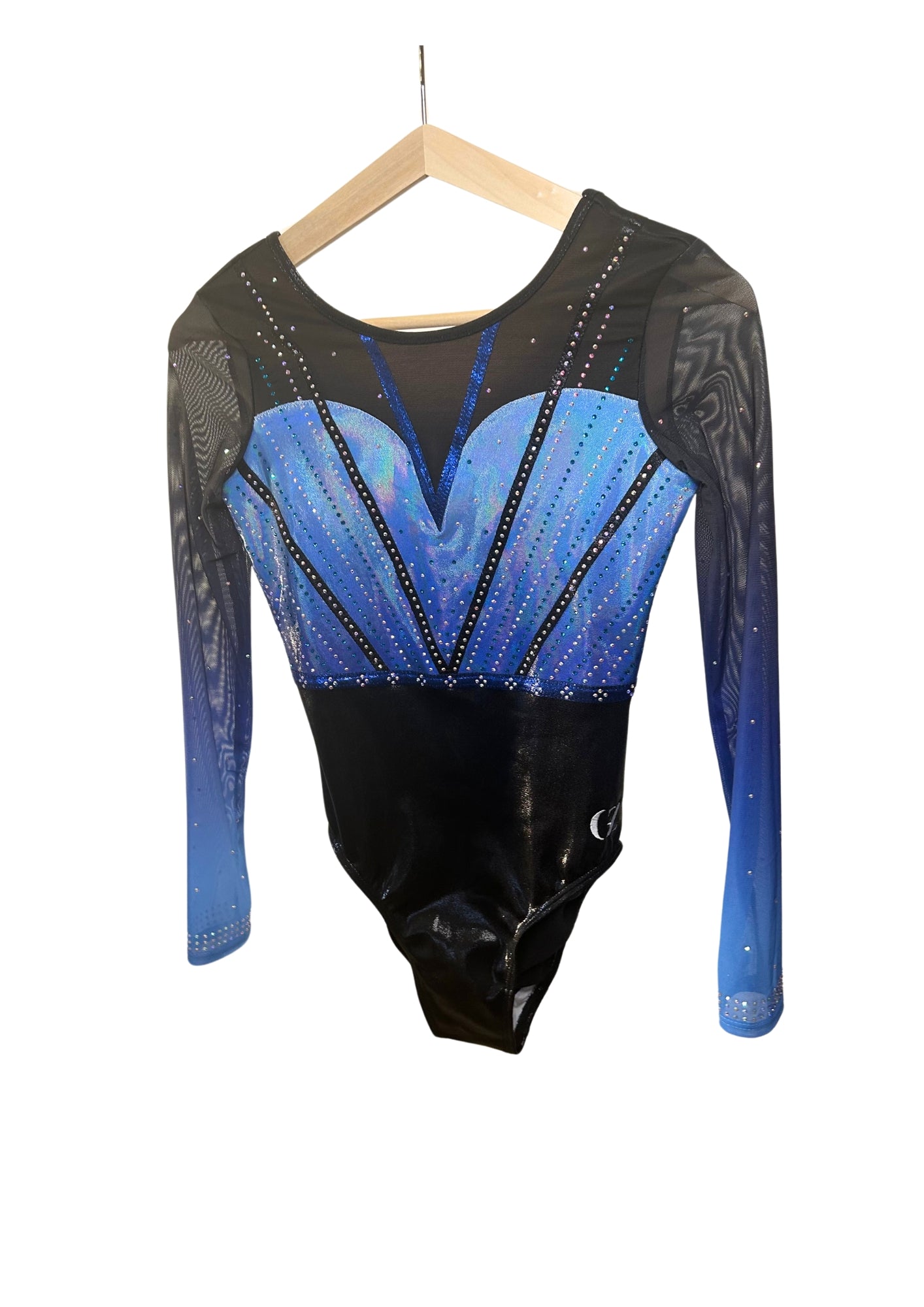 custom leotard, blue leotard, tumbling, long sleeve leotard, rhinestones, shiny leotard