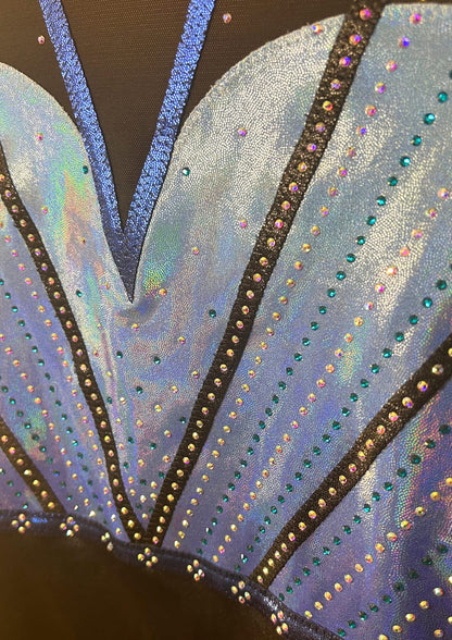 custom leotard, blue leotard, tumbling, long sleeve leotard, rhinestones, shiny leotard