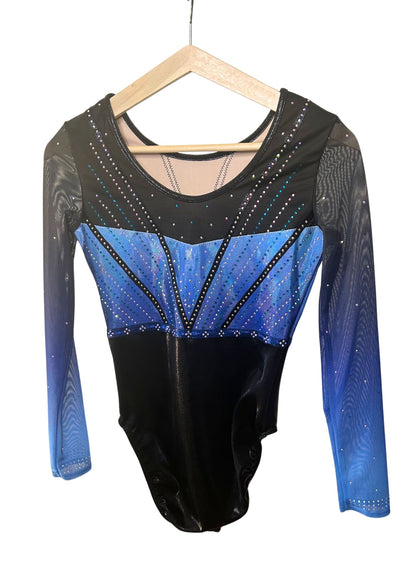 custom leotard, blue leotard, tumbling, long sleeve leotard, rhinestones, shiny leotard