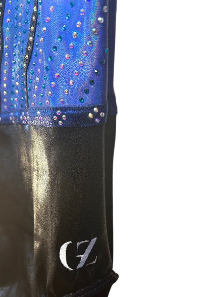 custom leotard, blue leotard, tumbling, long sleeve leotard, rhinestones, shiny leotard