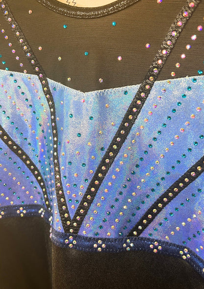 custom leotard, blue leotard, tumbling, long sleeve leotard, rhinestones, shiny leotard