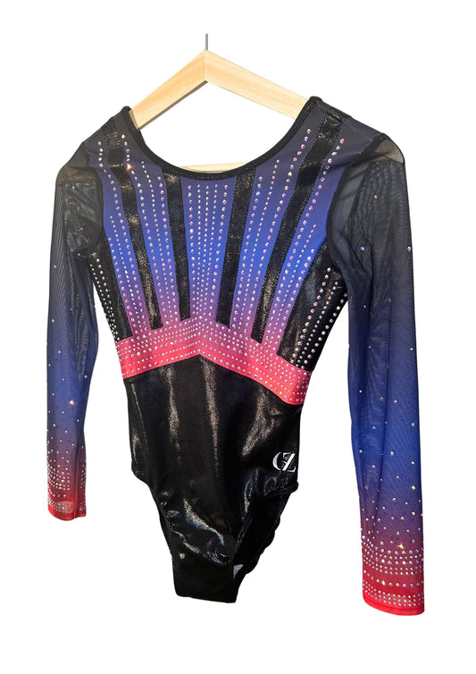 custom leotard, competition leotard, black leotard, blue leotard, long sleeve leotard, rhinestones, shiny leotard