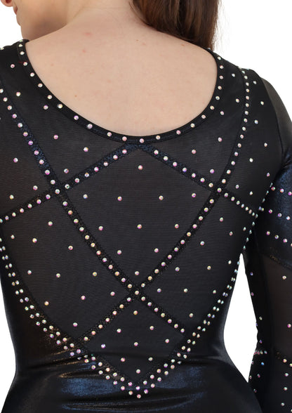 custom leotard, black leotard, sabrina, rhinestones, shiny leotard, long sleeve leotard