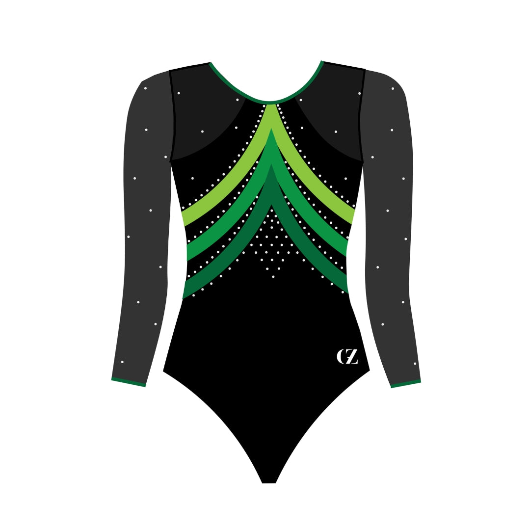 custom leotard, green leotard, hermione, rhinestones, shiny leotard, long sleeve leotard